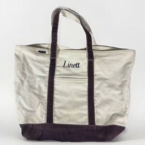 Lands End Canvas Tote Bag Cream Navy Embroidered Linett Large Travel Beach Bag